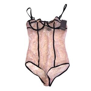 Teddy Lace Size S Pink Lace Black Trim Adjustable Straps Bodysuit Lingerie
